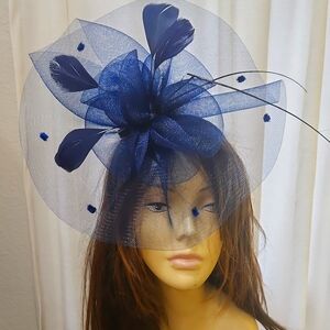 NWT NAVY BLUE FASCINATOR‎ Large Netting Plume Feathers  Derby Church Tea Hat